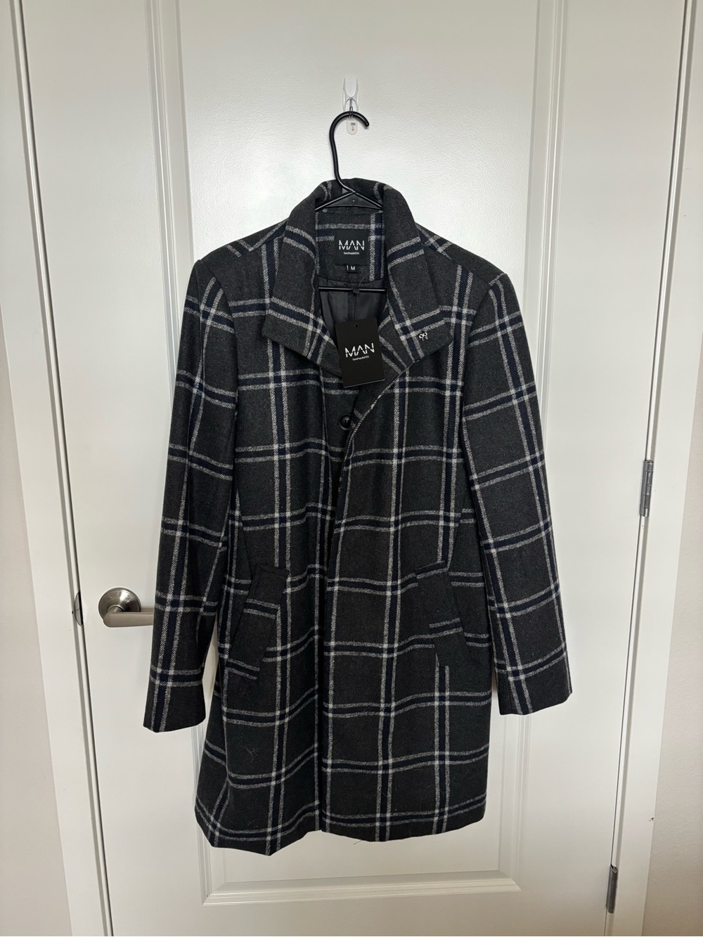 BoohooMAN Black & Gray Plaid Wool-Blend Coat